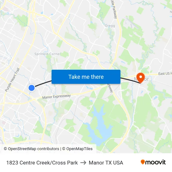 1823 Centre Creek/Cross Park to Manor TX USA map