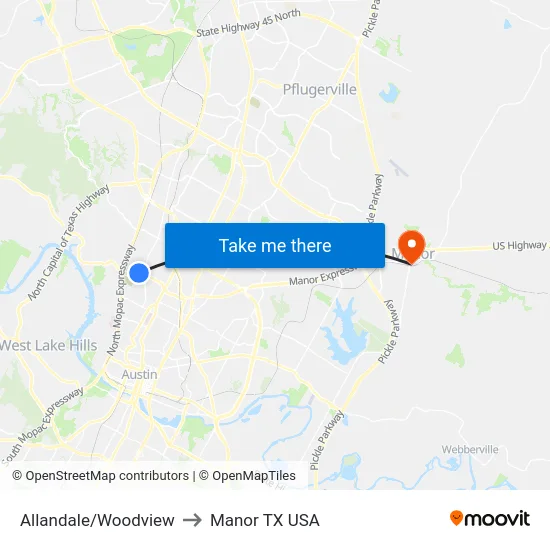 Allandale/Woodview to Manor TX USA map