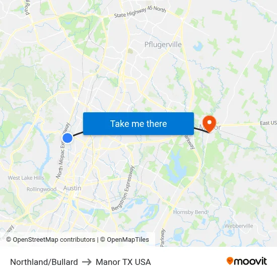 Northland/Bullard to Manor TX USA map