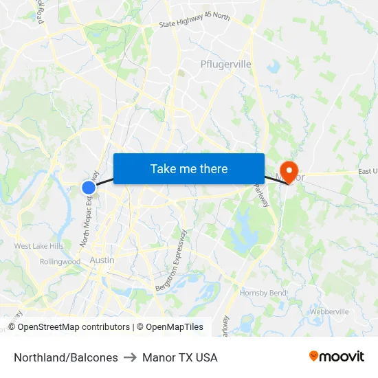 Northland/Balcones to Manor TX USA map