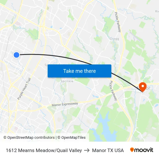 1612 Mearns Meadow/Quail Valley to Manor TX USA map