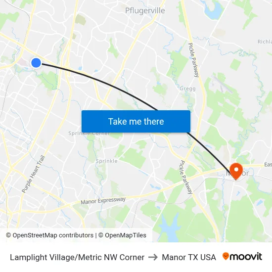 Lamplight Village/Metric NW Corner to Manor TX USA map