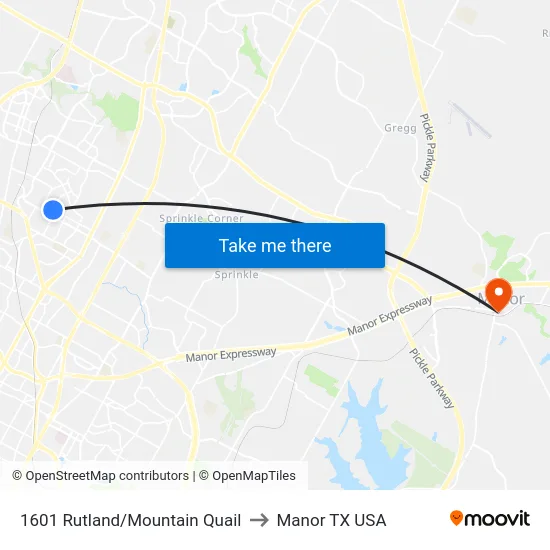 1601 Rutland/Mountain Quail to Manor TX USA map