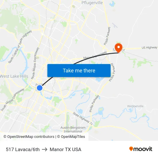 517 Lavaca/6th to Manor TX USA map