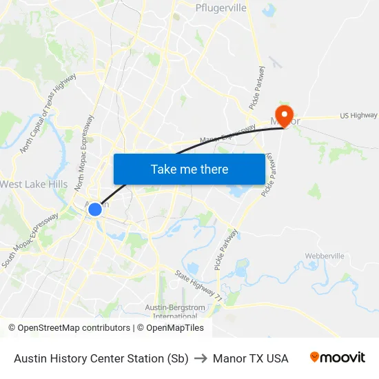 Austin History Center Station (Sb) to Manor TX USA map