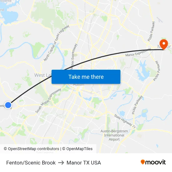 Fenton/Scenic Brook to Manor TX USA map
