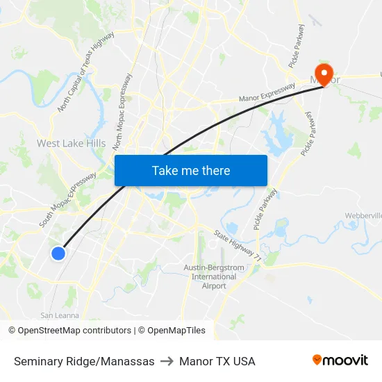 Seminary Ridge/Manassas to Manor TX USA map