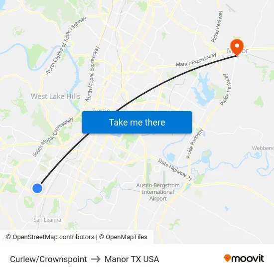 Curlew/Crownspoint to Manor TX USA map