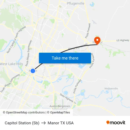 Capitol Station (Sb) to Manor TX USA map