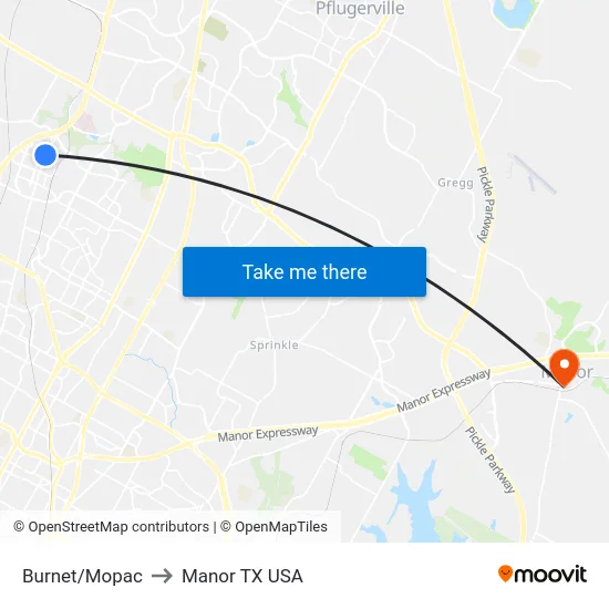 Burnet/Mopac to Manor TX USA map
