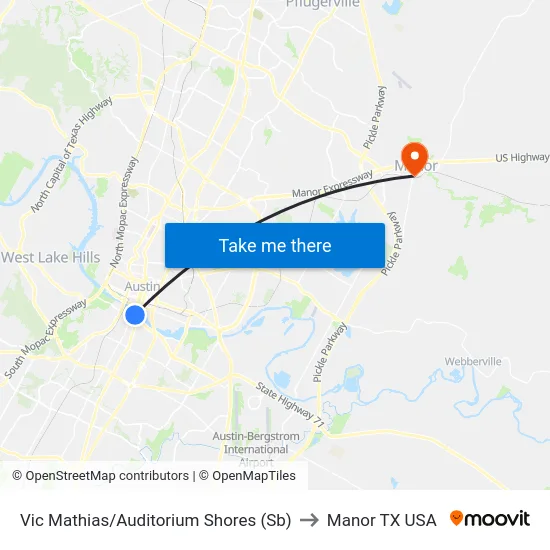 Vic Mathias/Auditorium Shores (Sb) to Manor TX USA map