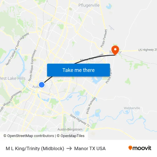 M L King/Trinity (Midblock) to Manor TX USA map
