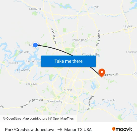 Park/Crestview Jonestown to Manor TX USA map