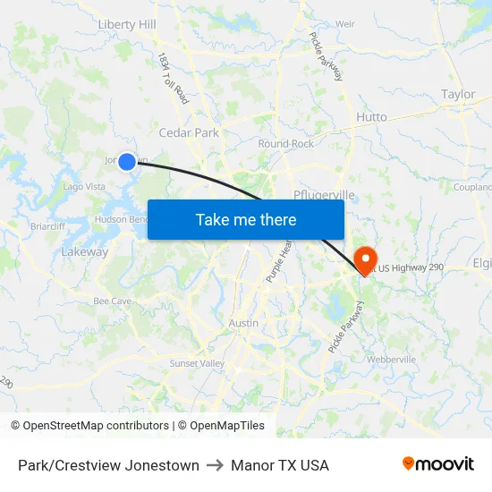 Park/Crestview Jonestown to Manor TX USA map
