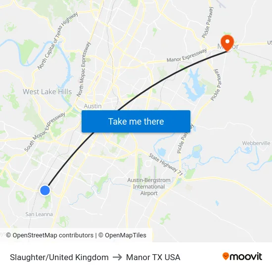Slaughter/United Kingdom to Manor TX USA map