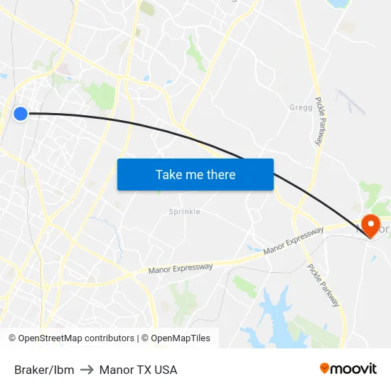 Braker/Ibm to Manor TX USA map