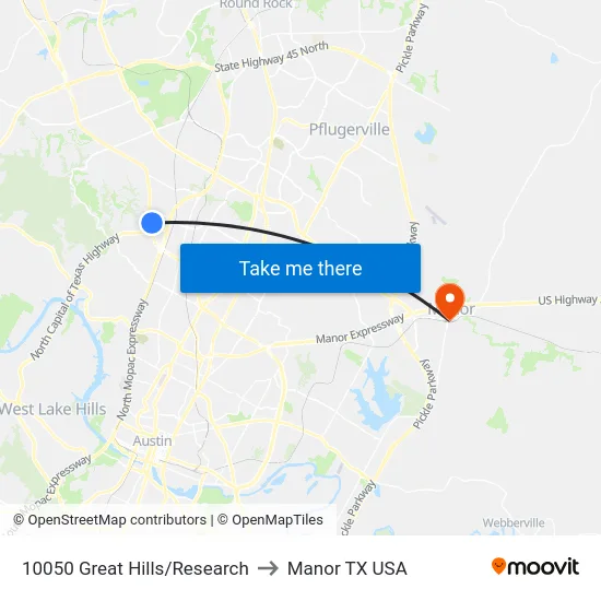 10050 Great Hills/Research to Manor TX USA map