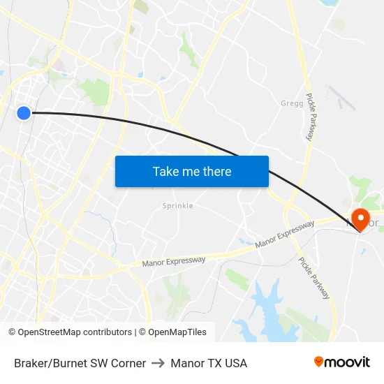 Braker/Burnet SW Corner to Manor TX USA map