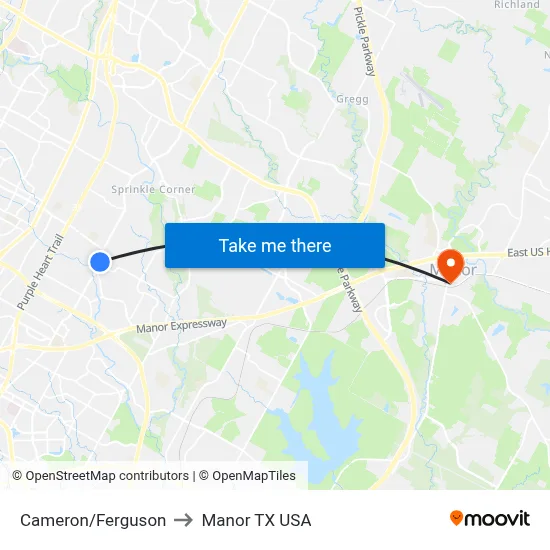 Cameron/Ferguson to Manor TX USA map