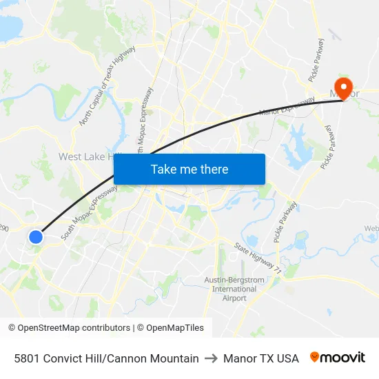 5801 Convict Hill/Cannon Mountain to Manor TX USA map