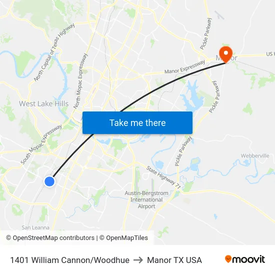 1401 William Cannon/Woodhue to Manor TX USA map