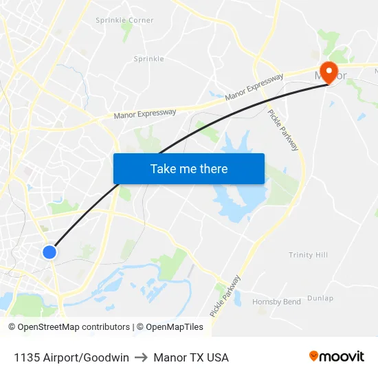1135 Airport/Goodwin to Manor TX USA map