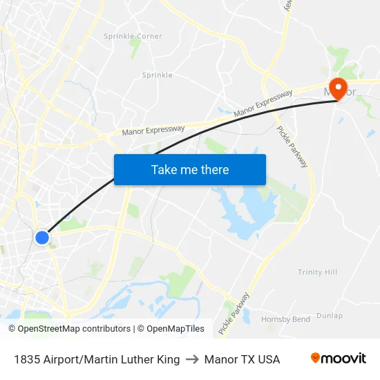 1835 Airport/Martin Luther King to Manor TX USA map