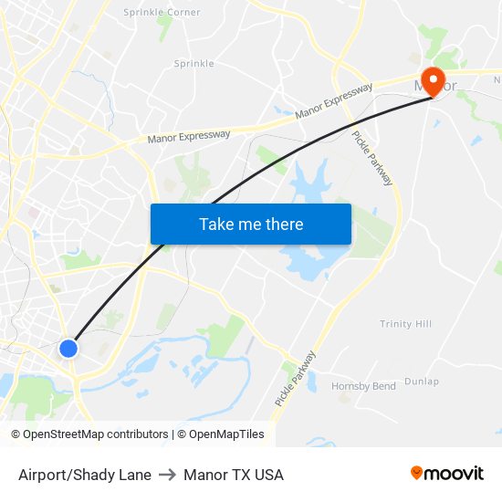 Airport/Shady Lane to Manor TX USA map