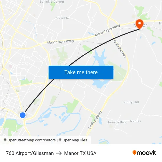 760 Airport/Glissman to Manor TX USA map