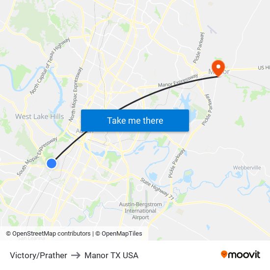 Victory/Prather to Manor TX USA map