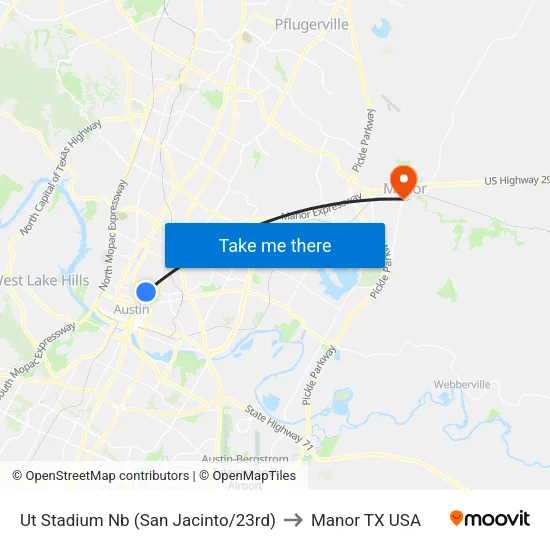 Ut Stadium Nb (San Jacinto/23rd) to Manor TX USA map