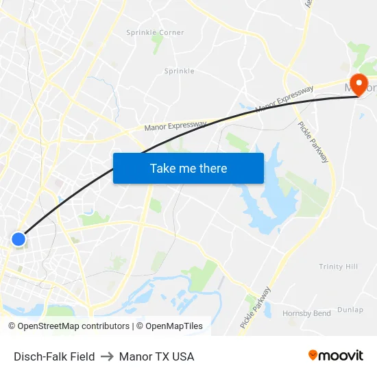 Disch-Falk Field to Manor TX USA map