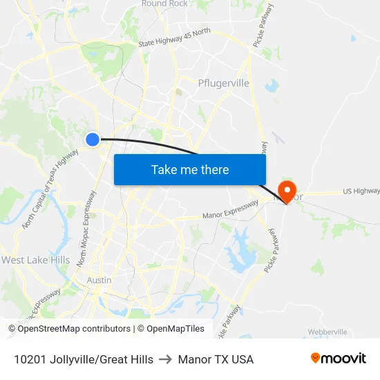 10201 Jollyville/Great Hills to Manor TX USA map