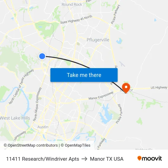 11411 Research/Windriver Apts to Manor TX USA map