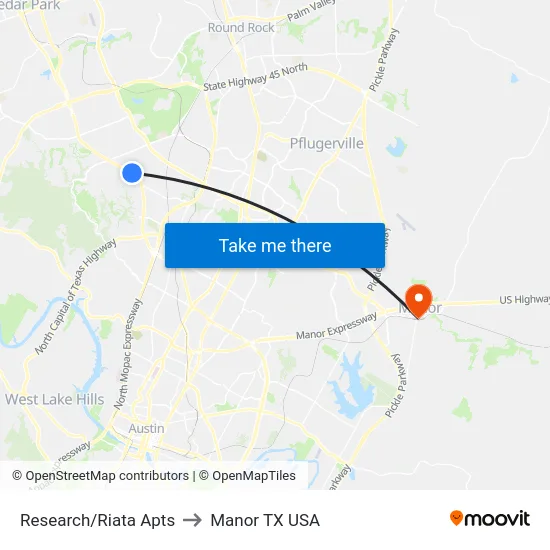 Research/Riata Apts to Manor TX USA map