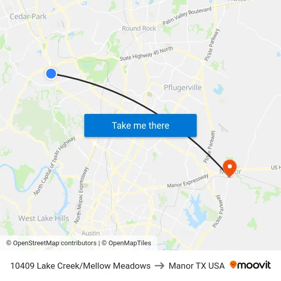 10409 Lake Creek/Mellow Meadows to Manor TX USA map