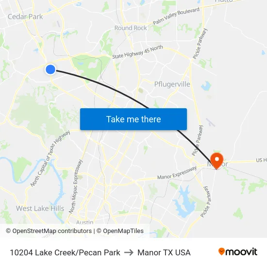 10204 Lake Creek/Pecan Park to Manor TX USA map
