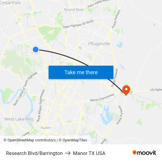 Research Blvd/Barrington to Manor TX USA map