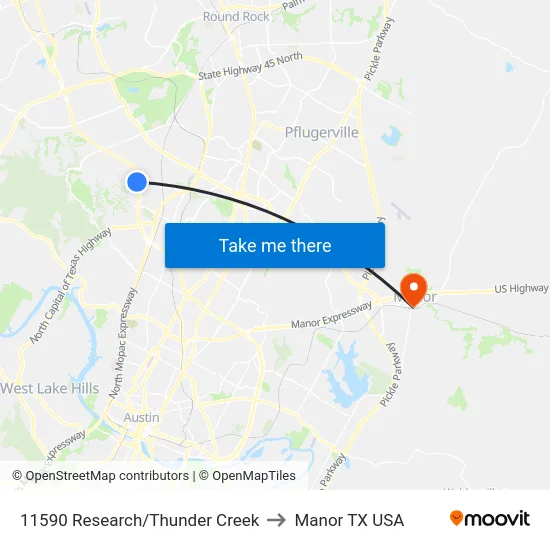 11590 Research/Thunder Creek to Manor TX USA map