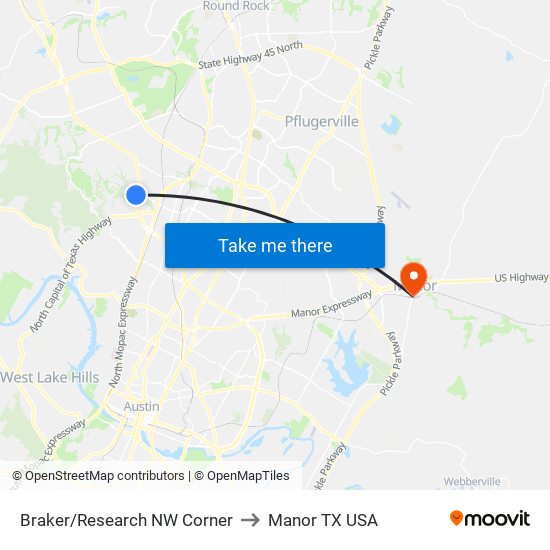 Braker/Research NW Corner to Manor TX USA map