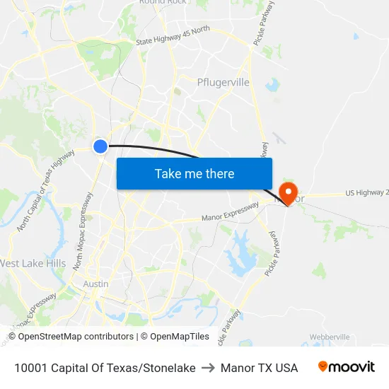 10001 Capital Of Texas/Stonelake to Manor TX USA map