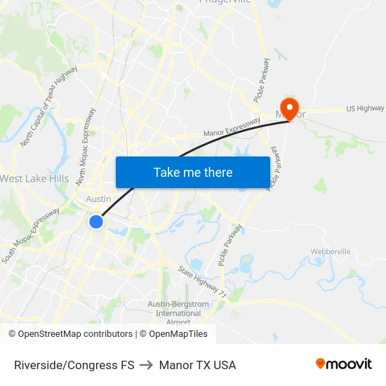 Riverside/Congress FS to Manor TX USA map