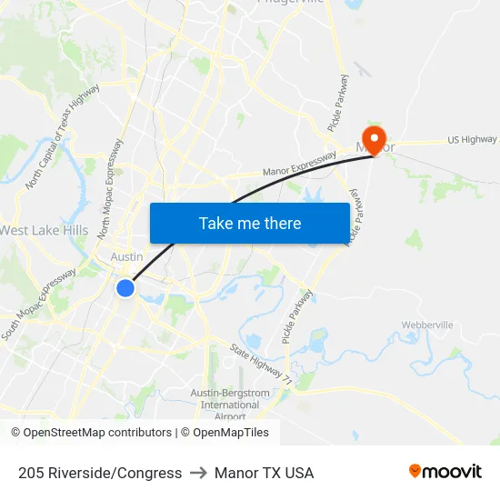 205 Riverside/Congress to Manor TX USA map