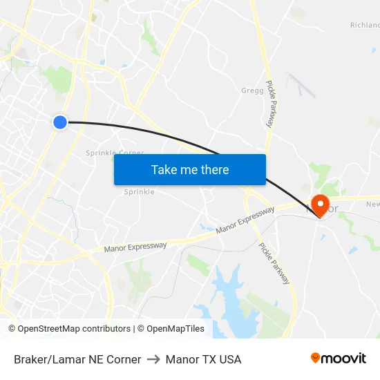 Braker/Lamar NE Corner to Manor TX USA map