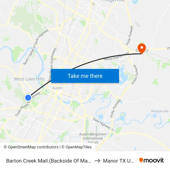 Barton Creek Mall (Backside Of Mall ) to Manor TX USA map