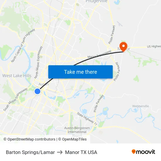 Barton Springs/Lamar to Manor TX USA map