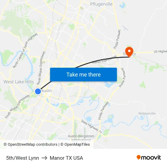 5th/West Lynn to Manor TX USA map