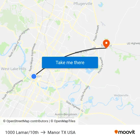 1000 Lamar/10th to Manor TX USA map