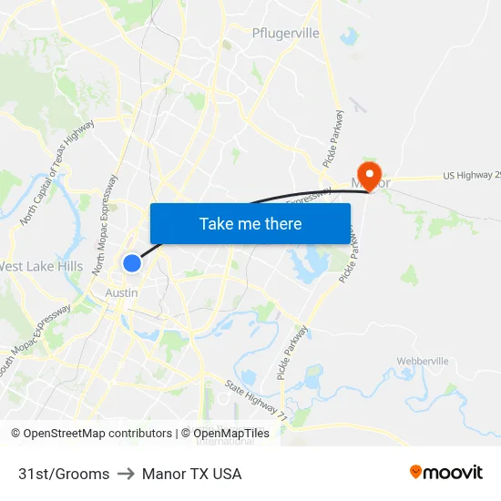 31st/Grooms to Manor TX USA map