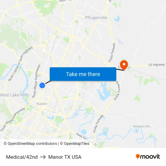 Medical/42nd to Manor TX USA map